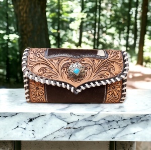Cartera de mano de cuero tallado a mano DD de grano completo de piel marrón/bolso de mano para mujer con acento Floral trenzado de cuero crudo - Product Image 3
