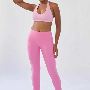 Wholesale Women's Pink Scoop Neck Seamless High Support Yoga Fitness Sports <b>Bra</b> Breathable Solid Color Front Logo High Quality - Product Image 5