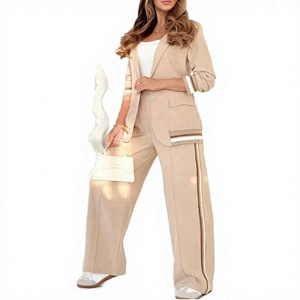 <b>Women</b> Casual Beige 2 Piece One Set <b>Short</b> <b>Suit</b> Blazer Wide Leg Pants Skinny Solid Color Business Casual Office Wear - Product Image 5