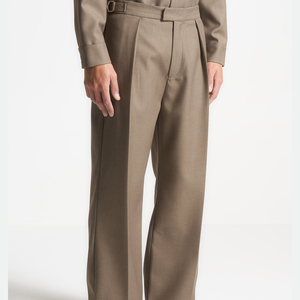 Pantalon en coton plissé à taille mi-haute pour homme, coupe droite, couleur personnalisable, infroissable, décontracté chic, grande taille, taille élastique, printemps - Product Image 5