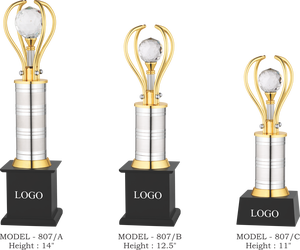 Trofeo de Metal Modelo 807 B C, Premio Deportivo, Base de Vidrio Grabada con UV, Acabado Pulido de Cobre Ecológico y Duradero, 11, 12.5, 14 Pulgadas - Product Image 1