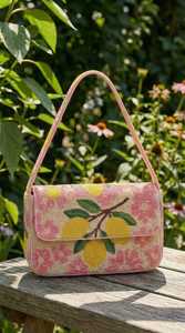 Lemon Floral Beaded Shoulder Bag - Pink, Yellow, and Cream Garden Design - Product Image 3