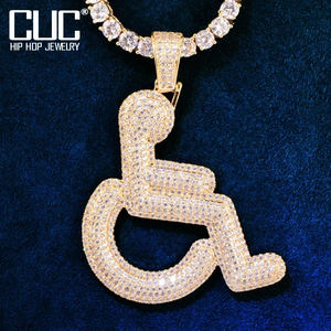 Handicap Sign Pendant Necklace Hip Hop Chain CZ Rapper Jewelry Iced Out Wheelchair Symbol Charm Gold <b>Silver</b> Bling Cuban <b>Choker</b> - Product Image 2