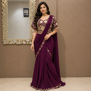 Luxury Natural Wine <b>Red</b> Satin Designer Ready to Wear Saree Embroidered Cape <b>Blouse</b> Wedding Party Reception Cocktail Evening Wear - Product Image 5