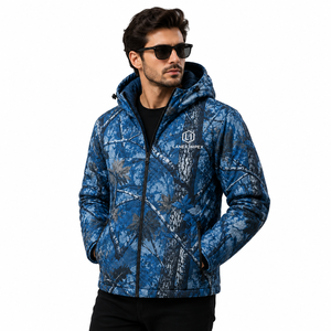 Men's Blue Forest Camouflage Hooded Puffer <b>Jacket</b> <b>Waterproof</b> Windproof Thermal Insulated <b>Winter</b> Outdoor Hunting Hiking Full Zip - Product Image 1