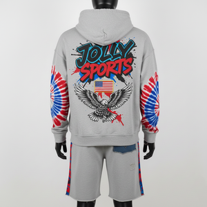 Conjunto de Sudadera con Capucha y Pantalones Cortos para Hombre, 320 GSM, Algodón, Poliéster, Felpa, Jersey, Gris Claro, Ropa Urbana, Pantalones Cortos con Panel de Logotipo Personalizado - Product Image 3