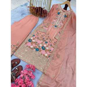 DISEÑADOR CHINON BORDADO SECUENCIA DAIMOND TRABAJO A MANO TOP PALAZZO CON DUPATTA PEACH - Product Image 4