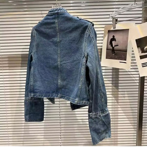 Stand Up Collar Denim <b>Jacket</b> Washed Blue Motor Coat Punk Goth Vintage Women M - Product Image 3