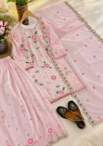 Conjunto de Kurti Sharara Gharara de Crepé GEORGETTE Rosa Tradicional Bordado con Detalles en Morado, Precioso Diseño Indio-Pakistaní para Bodas - Product Image 2