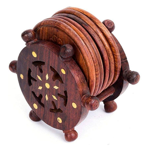 Round Wooden <b>Coaster</b> <b>Set</b> Of 4 Pcs With Wood Finished For Hot & Cold Cover Of Beverage Kitchenware <b>Coaster</b> <b>Set</b> - Product Image 5