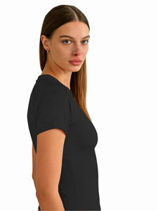 Women's Black Slim Fit Crew Neck T-Shirt Custom Logo Printed Casual Short Sleeve Woven Solid Design Premium Summer - Product Image 3