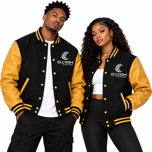 Men's <b>Black</b> Gold Color Block Varsity Jacket Stand Collar <b>Button</b> PU Leather Baseball Letterman Jacket Winter casual streetwear - Product Image 1