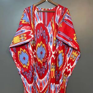 Nuevo y Elegante Kaftán con Estampado Animal, Cuello en V, Cierre con Cordón, Corte Evase, de Algodón Suave Indio, con Encaje, Largo Completo, para Playa - Product Image 1