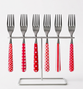 Ensemble de 6 fourchettes en acier inoxydable avec manches à motifs rouges, compatibles lave-vaisselle, design rétro, couverts pour les fêtes - Product Image 1