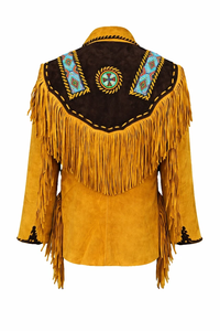 High Quality Handmade Men Yellow <b>Suede</b> Fringe <b>Jacket</b> with Tribal Embroidery Western Fashion Wholesale Manufacturer - Product Image 2