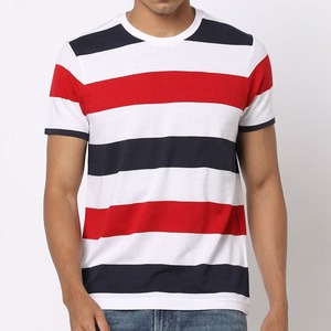 Camiseta de Manga Corta con Cuello Redondo para Hombre, Corte Regular, Estilo Casual, Tejido de Punto, Diseño a Rayas Rojo, Blanco y Azul Marino - Product Image 5