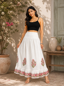 Women's Cotton A-Line Midi <b>Skirt</b> With Floral Embroidery <b>Elastic</b> Waist Ruffled Hem Prairie Chic Style Spring Wear - Product Image 5