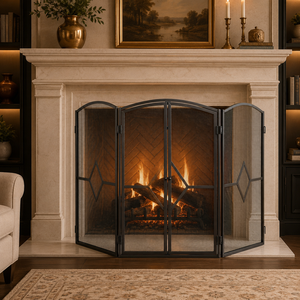 Contemporary Diamond Metal Fireplace <b>Screen</b> Folding Four Panel Fine Mesh Spark Guard with Double Door Hearth <b>Protector</b> - Product Image 1