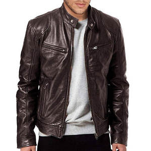 Men's Navy Blue Genuine Leather Moto Jacket <b>Stand</b> Collar Zipper Closure <b>Slim</b> Fit Regular Sleeve Solid Color Biker <b>Coat</b> Autumn - Product Image 6