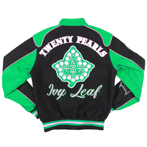 AKA Racing Twill Jacket Black Green Sorority Vrsity Jacket <b>Button</b> Up Women Stretwear Fashion Stylish Trendy Coat Ivy Leaf Design - Product Image 2