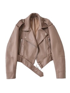 Veste courte en peau de mouton tricotée pour femme, style motard décontracté, avec ceinture, fermeture éclair et revers, coupe ample, pour l'hiver - Product Image 5