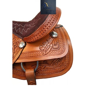 อานม้าหนังแท้ลายดอกไม้สไตล์ตะวันตก พร้อมตะกร้าหนังตกแต่งด้วยมือ สำหรับแข่งม้าบาร์เรลเรซซิ่ง  ตกแต่งด้วยโลหะคอนโชส์  ที่นั่งหนังกลับสีน้ำตาล ขนาด 10 นิ้ว ถึง 18 นิ้ว - Product Image 2