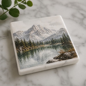 Premium Marble Coaster With Mountain <b>Landscape</b> Print Waterproof Square <b>Stone</b> Coaster Tea Coffee Cup Holder Decorative Nature new - Product Image 1