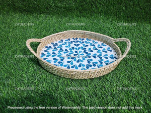 Ensemble de plateaux en rotin avec incrustations de nacre indienne, style rond, pour le service du thé, décoration festive et cadeaux, Utsav Elegance - Product Image 5