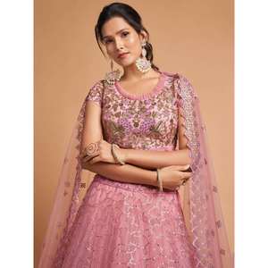 Vêtements de fête en filet brodé de fil rose blush unique Lehenga Choli - Product Image 4