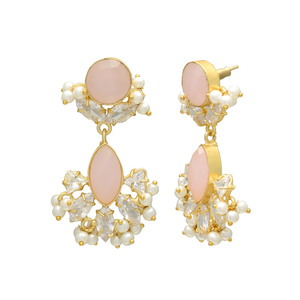Boucles d'oreilles pendantes pour femme en laiton plaqué or 24 carats, saphir bleu naturel et perle, style vintage chrétien - Product Image 2