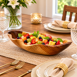 Plateau de service décoratif artisanal en bois d'acacia, bol de présentation rustique en bois naturel pour fruits, pain et collations, centre de table, article cadeau - Product Image 2