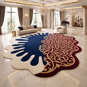 Tapis irrégulier à motifs médaillon, bleu roi et bordeaux, traditionnel, tufté à la main, en laine, antidérapant, pour salon, chambre, décoration intérieure - Product Image 1
