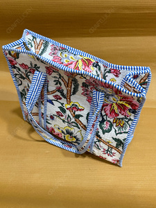 Handcrafted Quilted Floral Tote <b>Bag</b> White Blue Trim Printed <b>Fabric</b> Shoulder Handbag Lightweight Everyday Carry Shopping <b>Bag</b> - Product Image 6