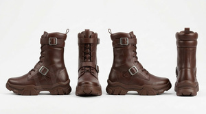 รองเท้าบูทมอเตอร์ไซค์หนังสีพื้นแบบกำหนดเอง รองเท้าบูทข้อเท้าสไตล์สั่งทำ สายรัดหัวเข็มขัด แบบผูกเชือก รองเท้าขี่มอเตอร์ไซค์กลางแจ้งเพื่อความปลอดภัย - Product Image 2