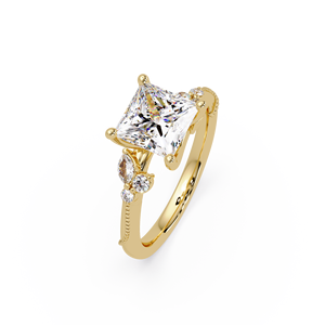 Custom 14k Pure Gold Milgrain Border Style Princess cut Marquise Lab Grown Diamond <b>Ring</b> Matching Band Bridal <b>Set</b> For Women's - Product Image 2
