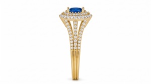 Lab Blue Oval Sapphire Gemstone Halo <b>Ring</b> Double Diamond <b>Split</b> Shank Yellow Gold IGI Certified Statement Engagement <b>Ring</b> - Product Image 3
