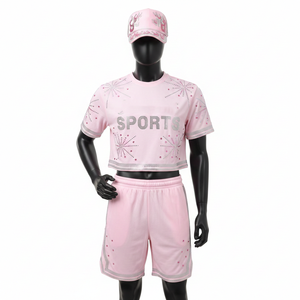 Conjunto de Top Corto para Mujer, Tela de Algodón y Poliéster de Alta Calidad, 220 GSM, Rosa Claro, Logotipo de Cristal, Ropa Deportiva, Conjuntos Femeninos - Product Image 6