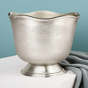 Ornate silver <b>ice</b> <b>bucket</b> with scalloped edges and handle available at wholesale prices. Vintage style decorative barware. - Product Image 4
