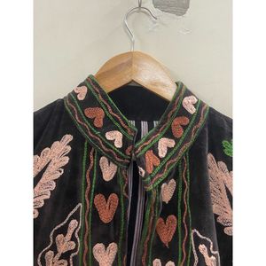 Hand Embroidered Velvet Knitted Cotton <b>Jacket</b> <b>Women</b> Mandarin Collar Full Sleeve Floral Pattern Open Front Prairie Winter/<b>Spring</b> - Product Image 2