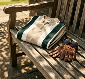 Men's Beige Polo Shirt With Green Stripes And Matching Shorts Set Casual Knitted Summer Outfit - Product Image 4