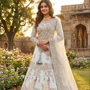 LEHENGA CHOLI DUPATTA Vintage de Malla Suave con Bordado de Lentejuelas de Mariposa, Largo hasta el Suelo, para Fiesta - Product Image 1