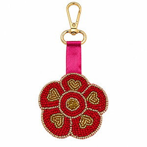 Porte-clés artisanal en laiton, motif géométrique bohème, fleur rouge perlée, doré, breloque de sac à main, pendentif pour sac à main femme, vente en gros - Product Image 2