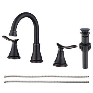Rubinetto per lavabo bagno da 8 pollici in bronzo lucidato a olio, con 2 maniglie e beccuccio girevole a 360 gradi, rubinetto lavabo a 3 fori per mobiletto - Product Image 1