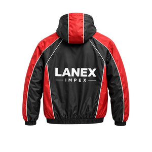 Custom Men Hooded Waterproof <b>Windbreaker</b> Jacket, <b>Black</b> Red Color Block Sports Coat, Lightweight Zip Up Outdoor Training Wear - Product Image 3
