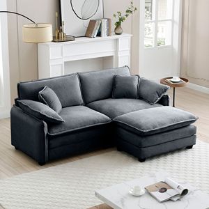 Two-Seater L-Shaped Grey Corduroy <b>Sofa</b> with Ottoman <b>Small</b> Living Spaces Suitable for Living Rooms - Product Image 1