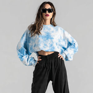 Sweat-shirt court à col rond délavé pour femme, style jogger ample, tie-dye, oversize - Product Image 1