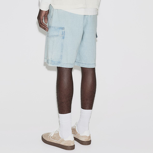 <b>mens</b> light wash denim cargo shorts elastic waist bleached blue streetwear style utility side flap pockets comfortable casual - Product Image 2