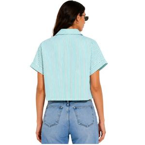 Camisa corta a rayas verde menta y blanca personalizada para mujer, con logotipo bordado personalizado, manga corta, abotonada, informal, blusa de verano, OEM - Product Image 2
