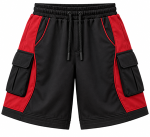 <b>Mens</b> <b>Black</b> Red Cargo <b>Shorts</b> with Elastic Waist Side Pockets Breathable Polyester/Cotton for Training Casual Wear & Outdoor Use - Product Image 1