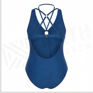 Women's Blue One-Piece Swimsuit With <b>Crossed</b> Halter Neckline And Hollow Out Design Stretchy Solid Swimwear - Product Image 2